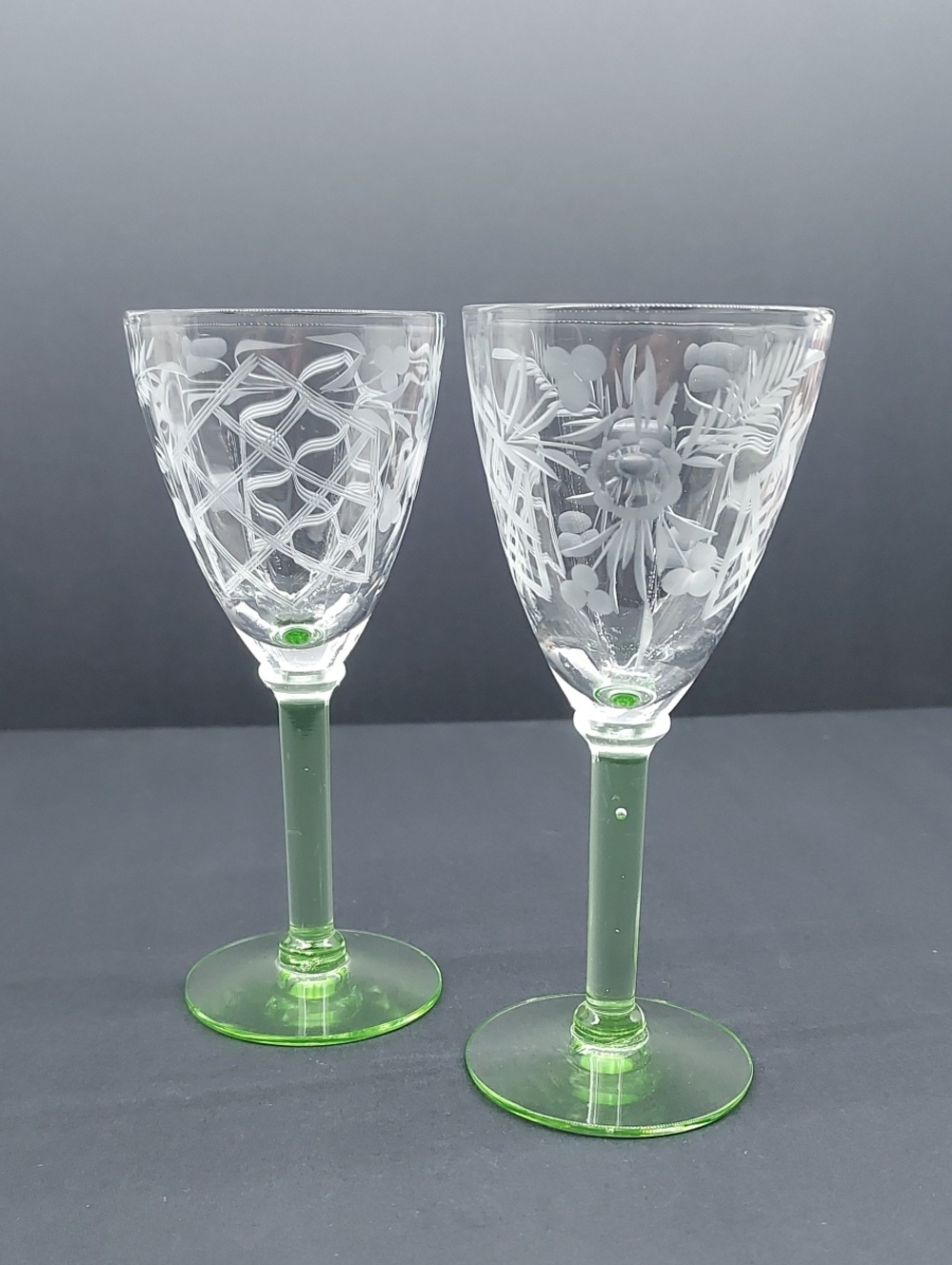 Vintage Depression Pistachio Green Cordial Delicate Etched Glasses